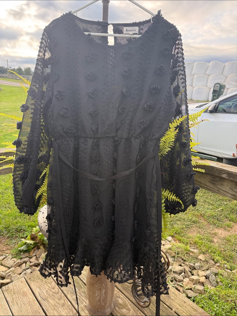 Smocked Waist Black Lace Long Sleeve Mini Dress whimsical elegant, very chic